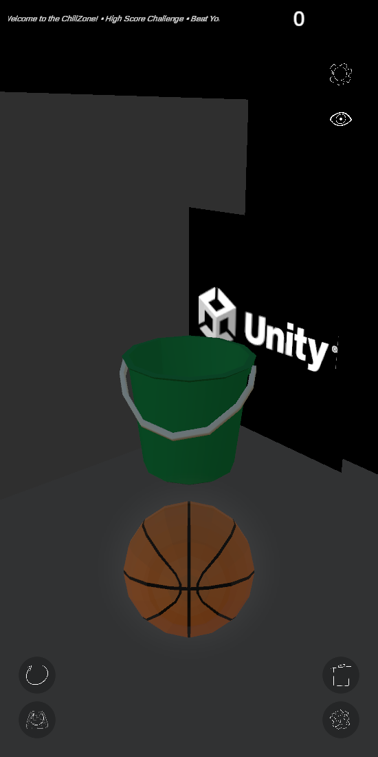 ChillZone gameplay — a basketball arcing into the bin in AR